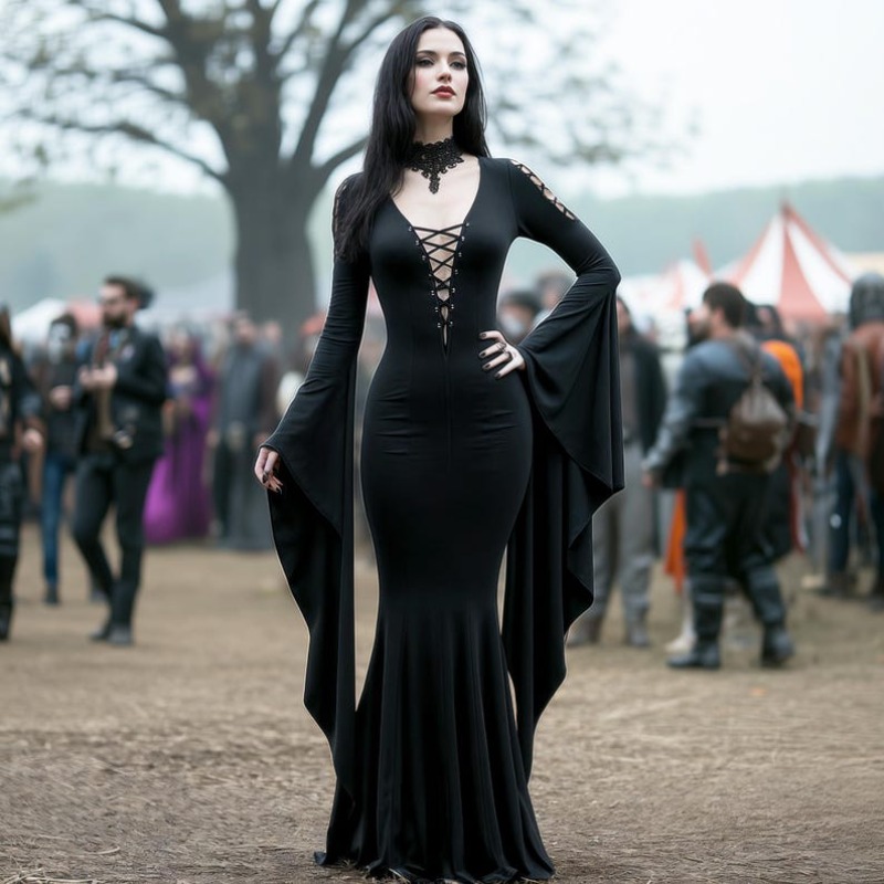 Medieval Renaissance Dress Women - Mittelalterliche Gothic Hexe Cosplay Schwarzes Kleid